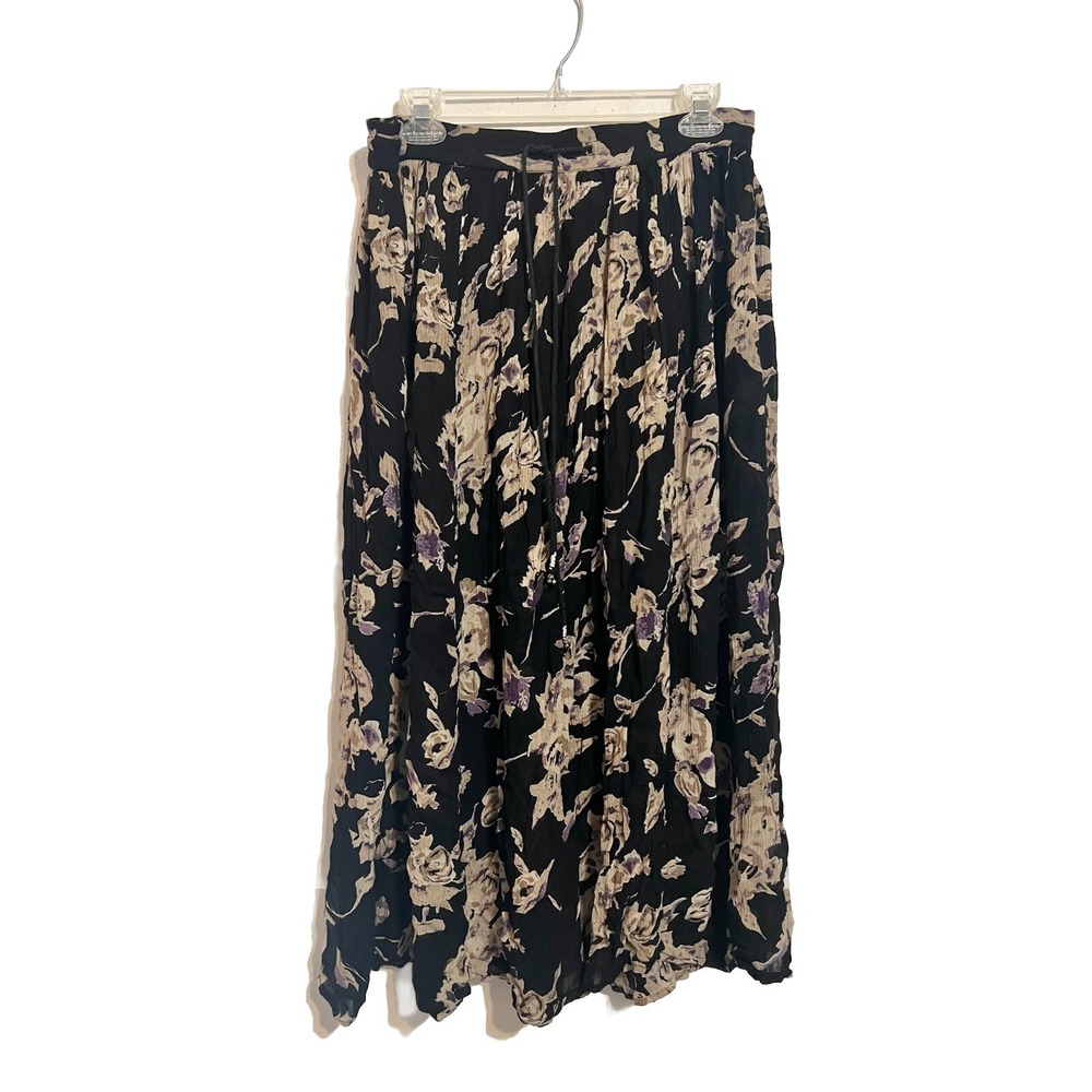 Womens Floral Maxi Skirt Crinkle Black Size S Boho Flowy Whimsigoth Moody